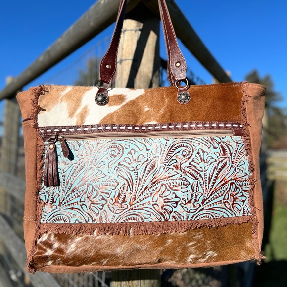 Myra Bag Bags Newmyra Bag Cowhide Canvas Embossed Leather Weekender